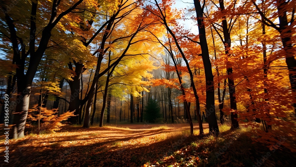 Fototapeta premium Beautiful autumn forest scene with vibrant colors and sunlight illuminating a peaceful winding path.