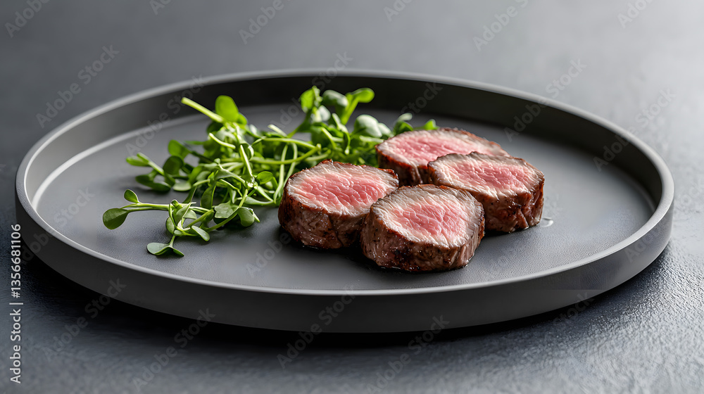 Elegant Plate of Medium Rare Sliced Filet Mignon with Fresh Herb Garnish on a Dark Table Surface Elegant Plate of Medium Rare Sliced Filet Mignon with Fresh Herb Garnish on a Dark Table Surface