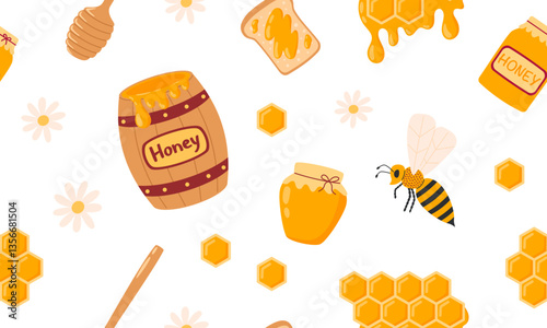Honey seamless pattern. Apiary collection background. Honey jar, dipper, barrel, bee, flowers, honeycomb, honey drop. Vector illustration isolated on white background