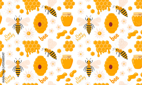 Honey seamless pattern. Apiary collection background. Honey jar, beehive, bee, flowers, honeycomb, honey drop. Vector illustration isolated on white background