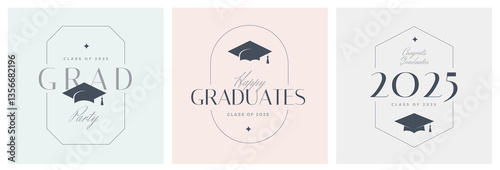 Set of elegant graduation greeting card with type design,  Graduation party at the school, college or university invitation. Vector illustration.