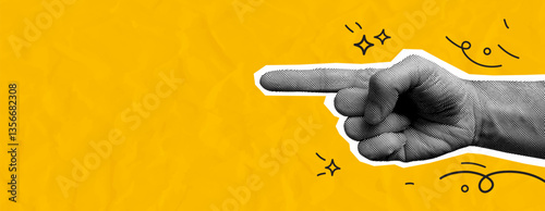 Collage with pointing hand on a yellow background with  wrinkled paper effect. Engraved style hand points with a finger, Vector illustration.