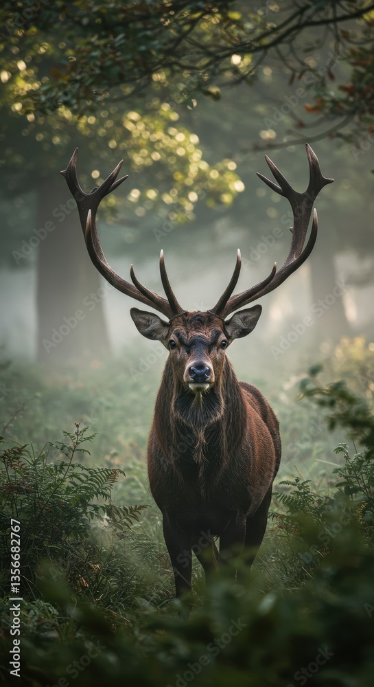 Fototapeta premium Majestic Red Deer Stag in Misty Forest