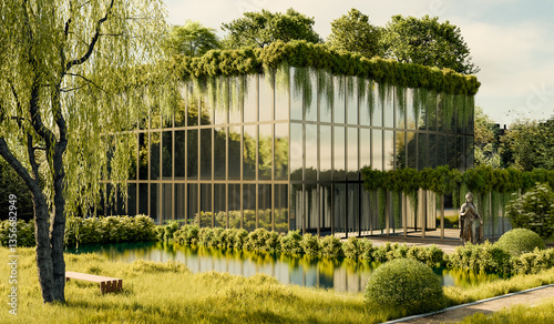 Modern Glass Building with Green Facade and Reflective Pond in Lush Garden - 3D Illustration (no AI)