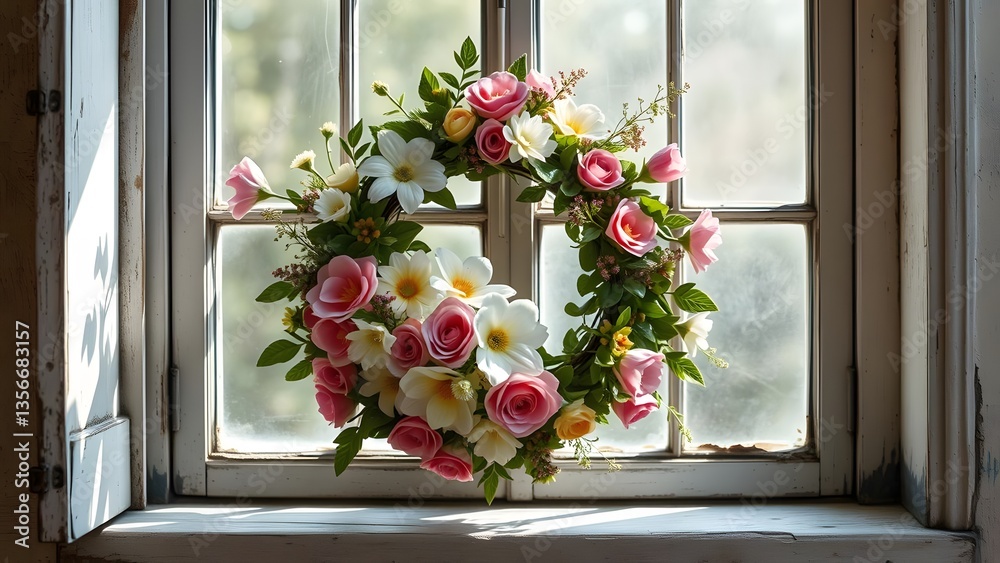 Fototapeta premium Colorful floral wreath on a sunny window, adding charm to the decor.