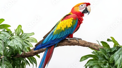 A colorful macaw parrot perched on a branch, surrounded by lush greenery, isolated on a transparent background 