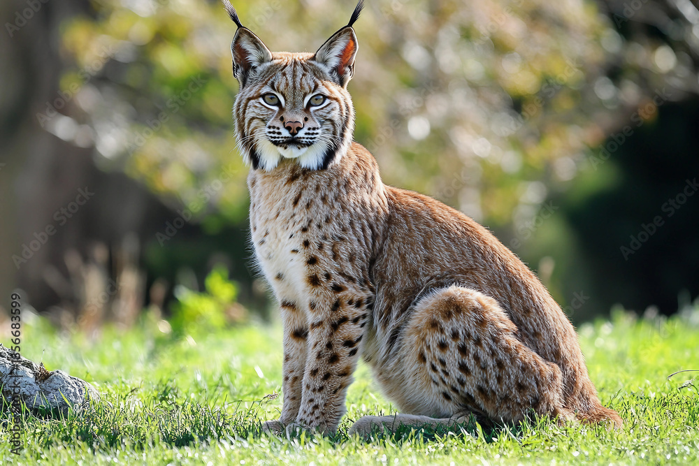Fototapeta premium Majestic Eurasian Lynx bathed in warm golden sunset light amidst a tranquil meadow generative AI creation