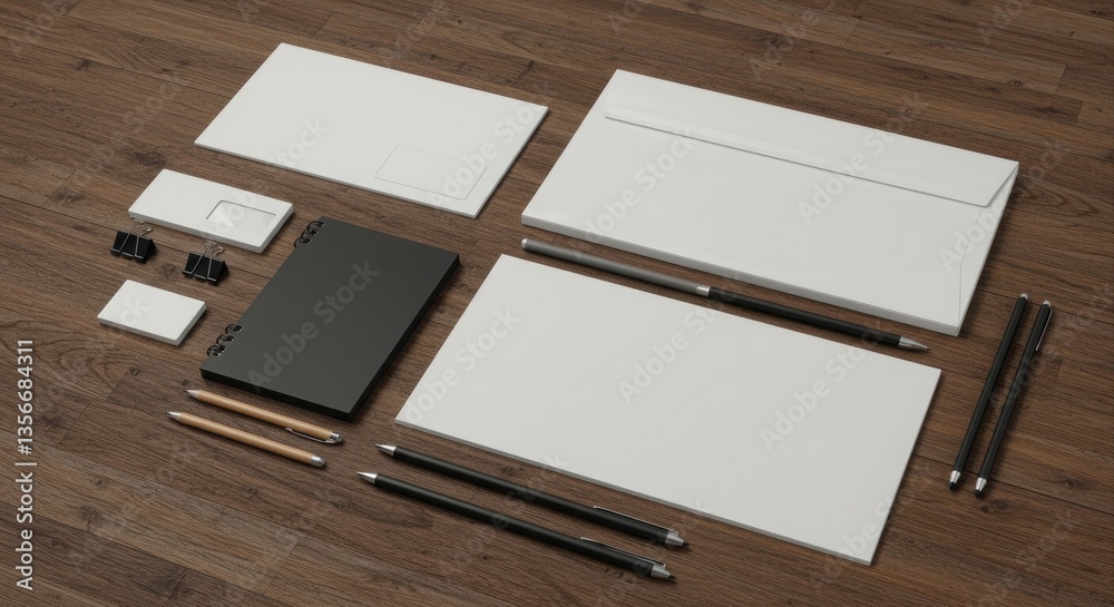 Blank stationery set mockup on a wood surface Blank stationery set mockup on a wood surface