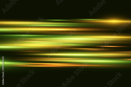 Yellow-green technology abstract background neon lines.Horizontal rays of light.Vector.EPS 10.