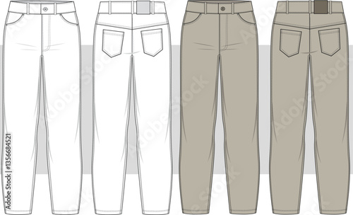 Men's Women's Relax Fit Denim Pants Trousers, Oversize High Waist Jeans, Front and Back View. Fashion Illustration, Vector, Technical Drawing, Flat Sketch, Cad, Mockup.
