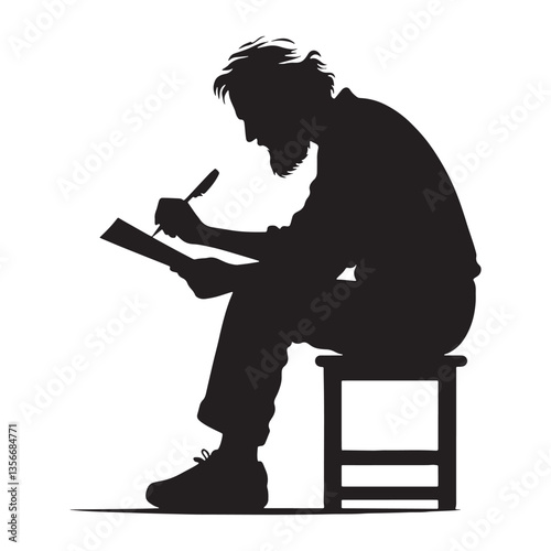 Elderly Scholar Writing on Paper silhouette, preserving knowledge for future generations - Writing illustration - Minimalist Old Man vector - Literary wisdom

