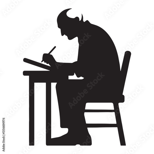 Elderly Man Writing on Paper silhouette, thoughtfully penning his memories - Writing illustration - Minimalist Old Man vector - A lifetime in ink

