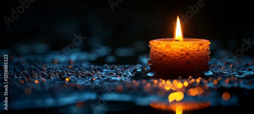 Burning Candle on Wet Surface with Bokeh, Tranquil and Serene Background, Space for Text