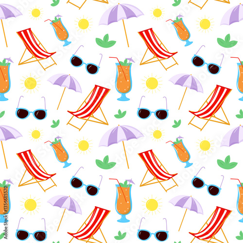Seamless summer pattern with cocktail, umbrella, sunglasses. Set of summer elements for print, textile