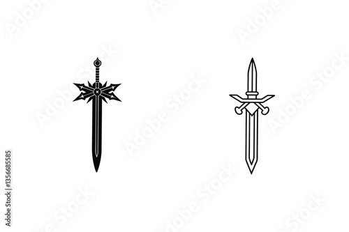 Two stylized sword designs, fantasy, weapon, blade, game, art, illustration, graphic, vector, minima