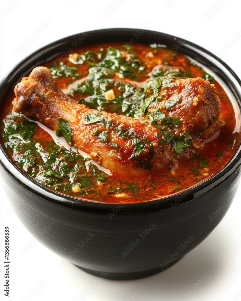 Captivating closeup of hearty chicken drumstick stew with fresh herbs in a black bowl on white backdrop offering a rich and flavorful culinary experience Captivating closeup of hearty chicken drumstick stew with fresh herbs in a black bowl on white backdrop offering a rich and flavorful culinary experience