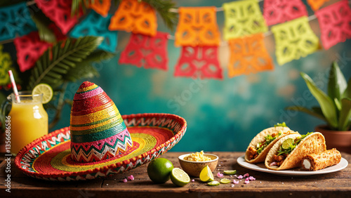 Vibrant Mexican Party Concept with Sombrero, Tacos, and Margaritas Isolated on Transparent Background for Marketing and Social Media Use
