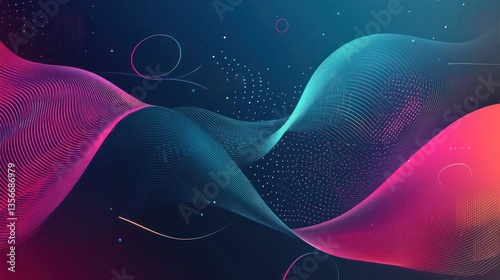 Abstract pink and blue wavy lines with particles on dark background.