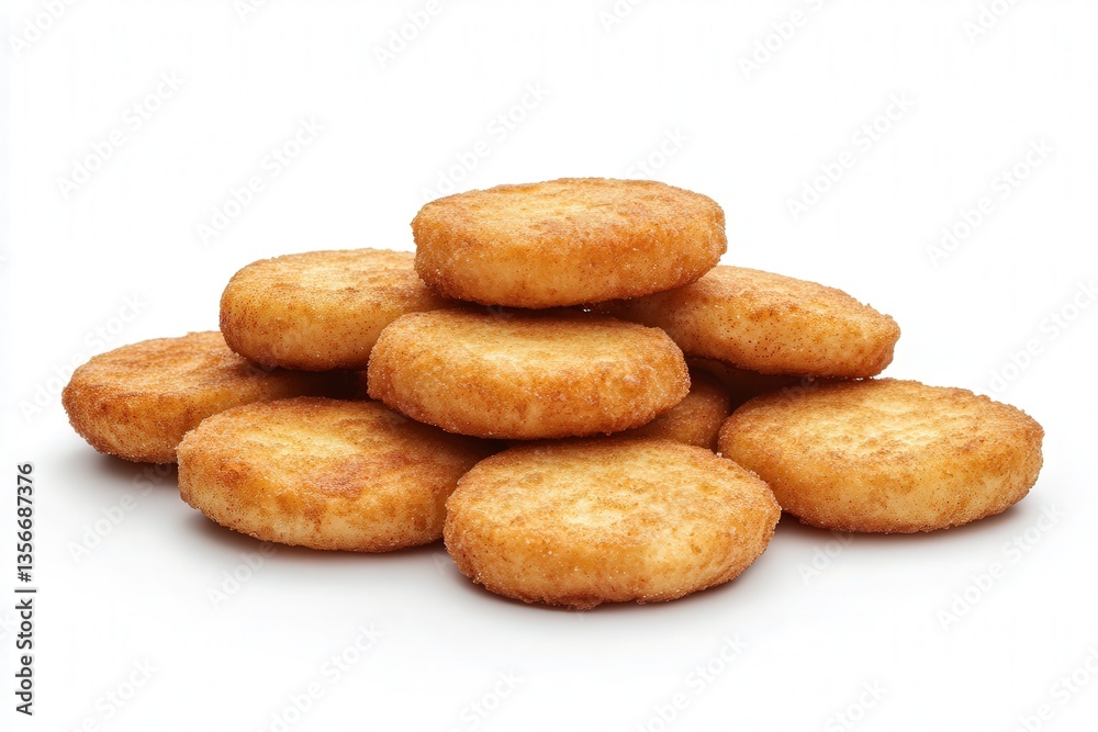 Golden-brown crispy chicken nuggets stacked on a white background. Golden-brown crispy chicken nuggets stacked on a white background.
