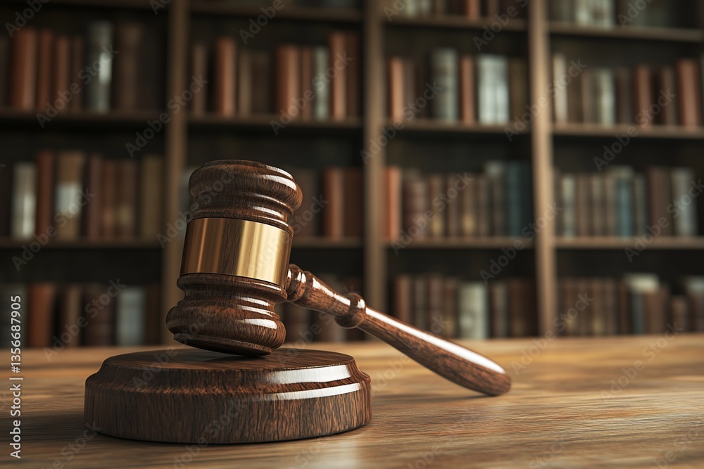 Gavel and Sound Block on Wooden Surface with Blurred Bookshelf Background
