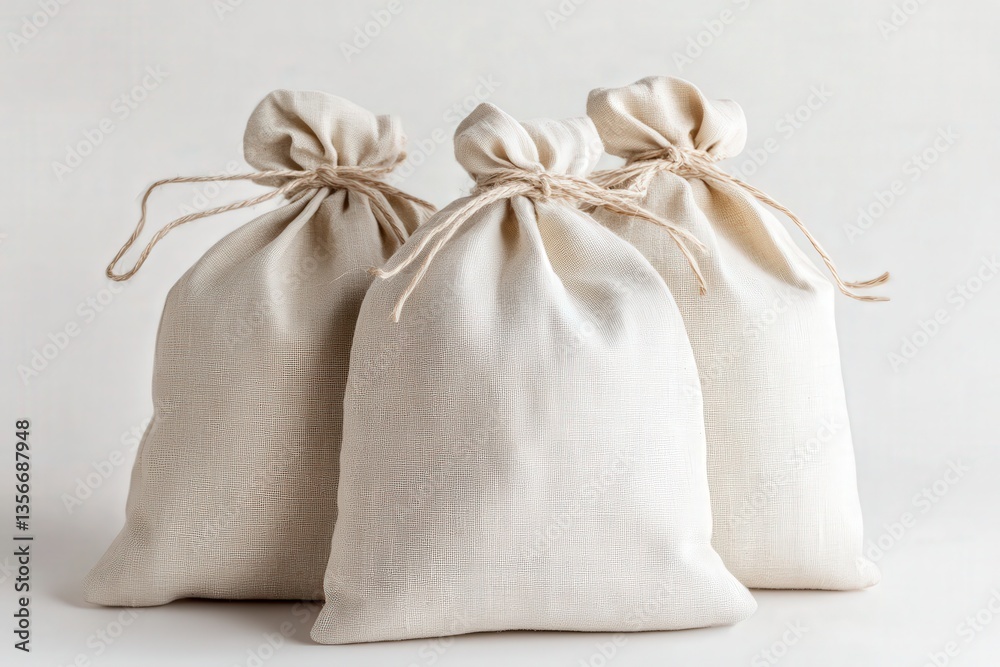 Three drawstring canvas bags on a light background. Three drawstring canvas bags on a light background.