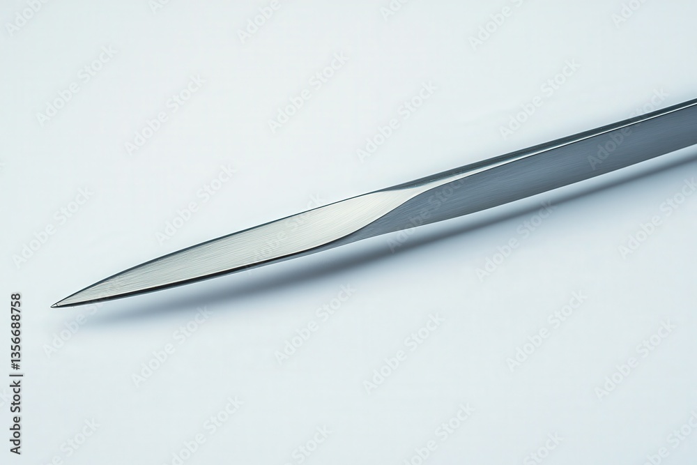 Close-up of a sharp metallic blade on a light background. Close-up of a sharp metallic blade on a light background.