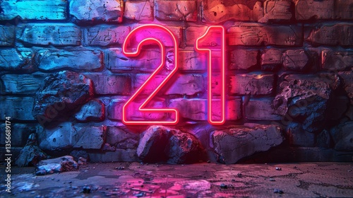 Neon Number 21 Glowing on a Grunge Wall, Concept Background for Celebrations or Nightlife