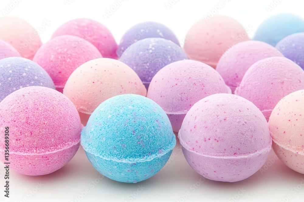 Brightly colored bath bombs arranged in a pastel pattern.