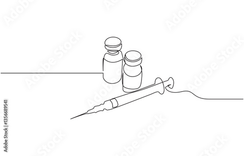 One continuous line drawing of medicine set with syringe and vial, Pharmaceutical components and vaccine symbol in a simple linear style editable stroke.