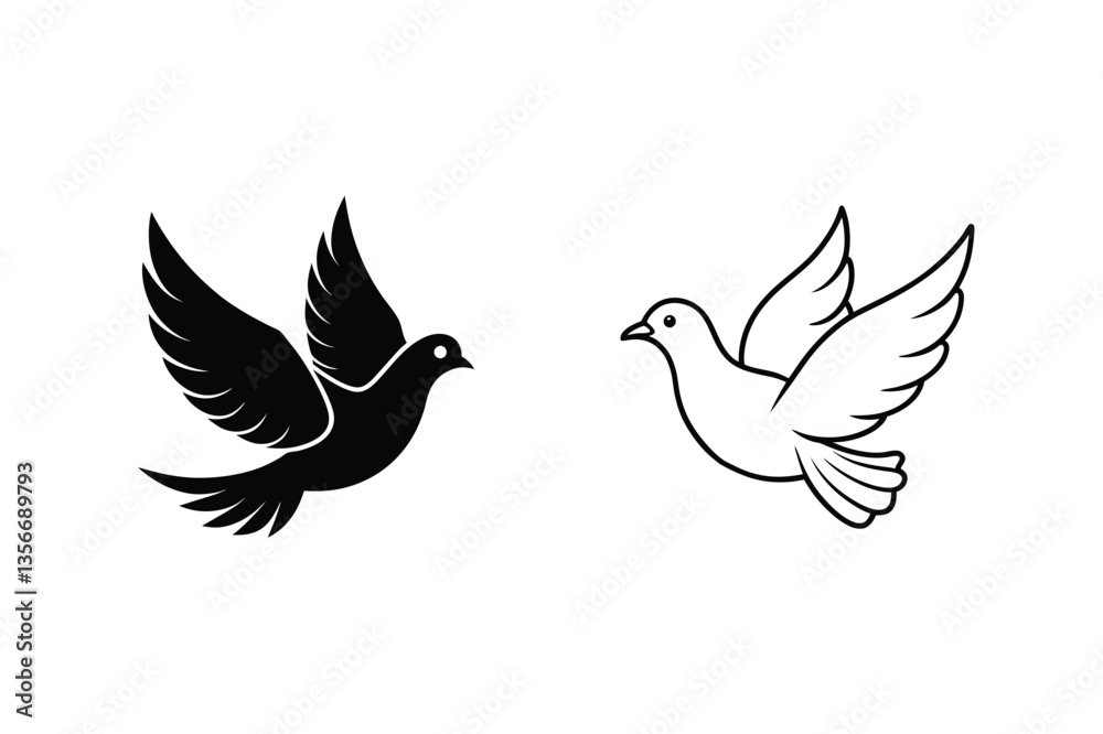 Obraz premium Two Doves in Flight Black, White, Peace, Symbol, Icon, Design, Vector, Graphic, Art, Illustration