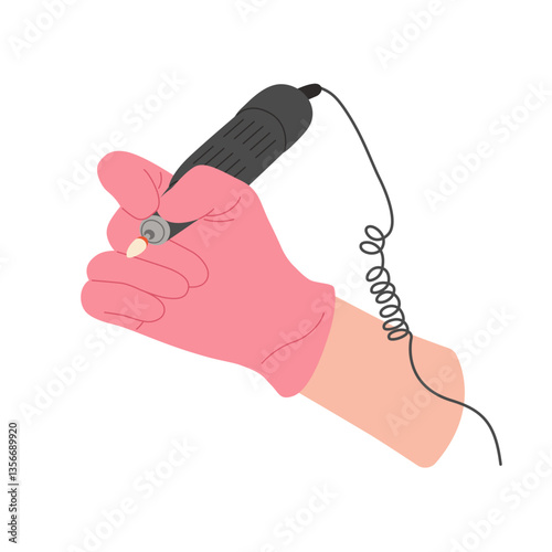 Woman hand in glove holding professional manicure apparatus with cutter for remove cuticle from nails by master. Vector electric tool with drill for salon beauty procedure by manicurist. Automatic
