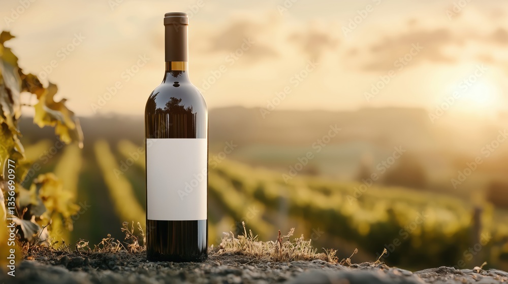 Fototapeta premium Wine Bottle Shadow Over Vineyard Mockup