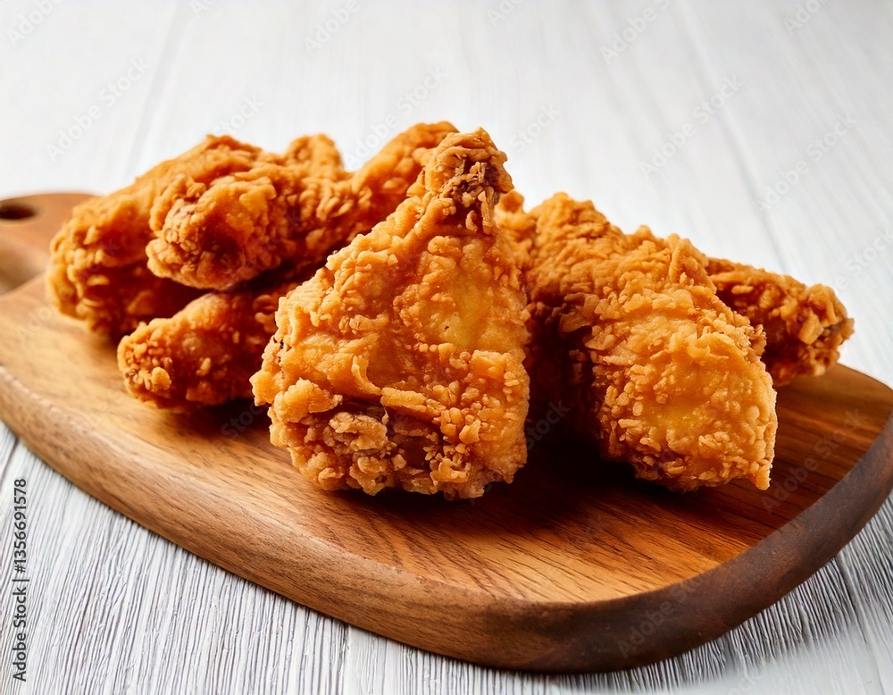 Photo of Fried Chicken Served on a Wooden Board, on a White Table Photo of Fried Chicken Served on a Wooden Board, on a White Table
