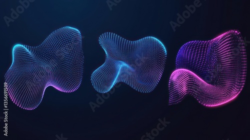 Three abstract glowing neon particle shapes on dark background.