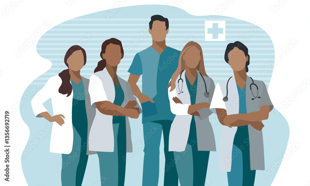 Obraz premium Healthcare. Medical team. Flat style vector illustration of a team of five doctors, nurses .