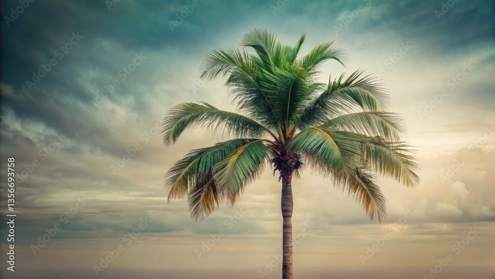 Obraz premium Serene Palm Tree Silhouetted Against a Dramatic Cloudy Sky, Evoking a Sense of Tranquility and Tropical Wonder