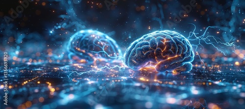 Two Glowing Brains With Electrical Activity, Concept for Neuroscience, Innovation, Technology