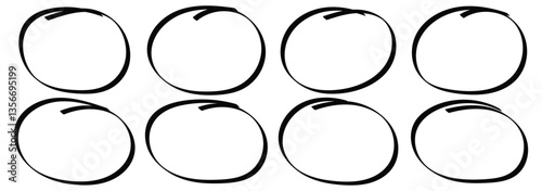 Hand drawn circle highlighter set. Handwriting horizontal ellipses isolated on white background. Art design round circular scribble doodle. Abstract graphic element for message note mark.