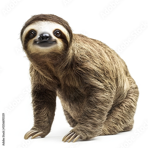 A realistic portrait of a sloth standing in side view, isolated on a white background. A slow-moving, well-built sloth with thick, shaggy brown fur, a round head, small rounded ears, dark gentle eyes,