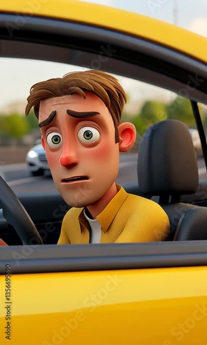 Animated character in a yellow taxi, looking concerned while driving through a city street at sunset