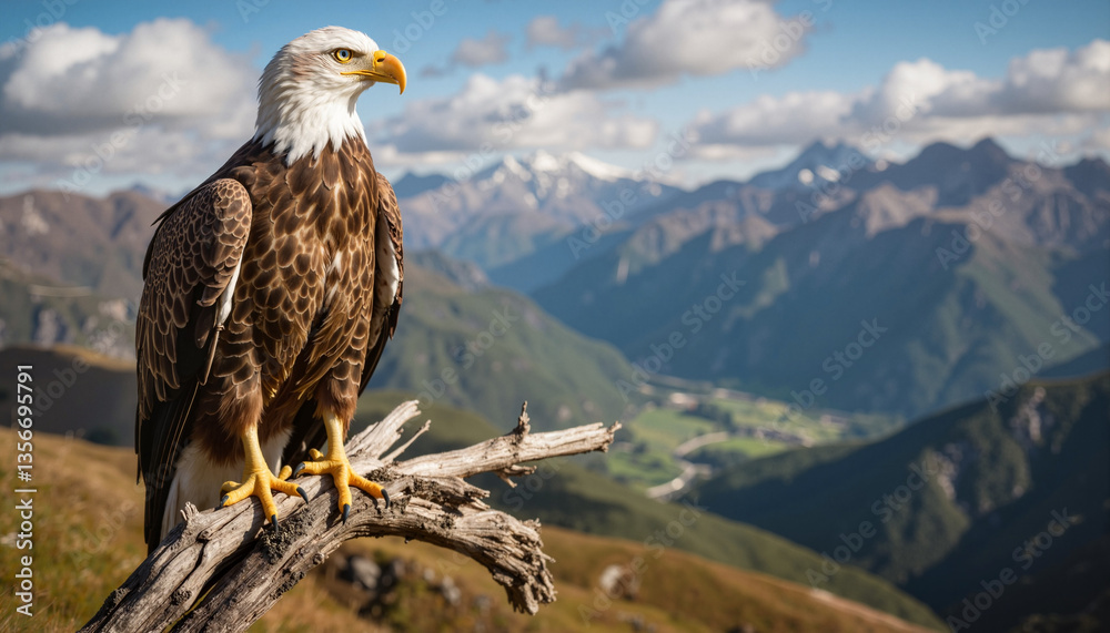 Fototapeta premium Eagle perched majestically overlooking a mountain landscape 