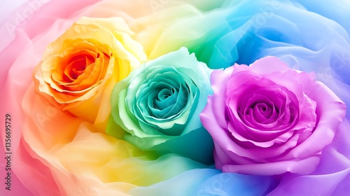 Three rainbow roses close-up.