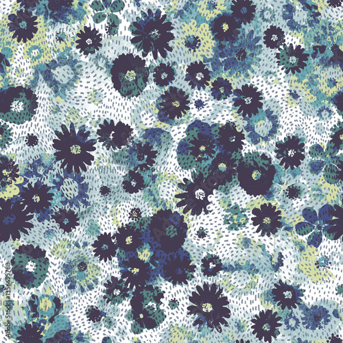 Seamless folk pattern in small wild flowers. Country style millefleurs. Floral meadow background for textile, wallpaper, pattern fills, covers, surface, print, gift wrap, scrapbooking, decoupage