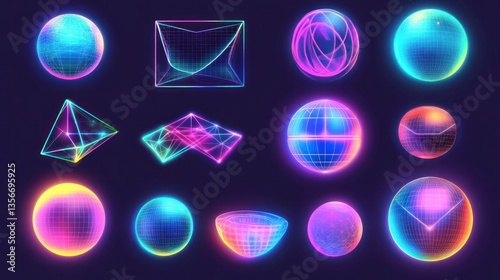 Neon glowing geometric shapes, spheres, and abstract forms on dark background.