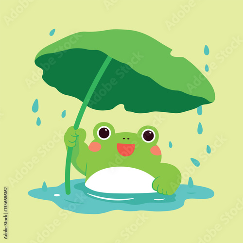 Сute frog sits in a puddle, holding a large leaf as an umbrella while raindrops fall around. Vector cartoon illustration, great for children’s books, stickers, music-themed designs, and digital art.