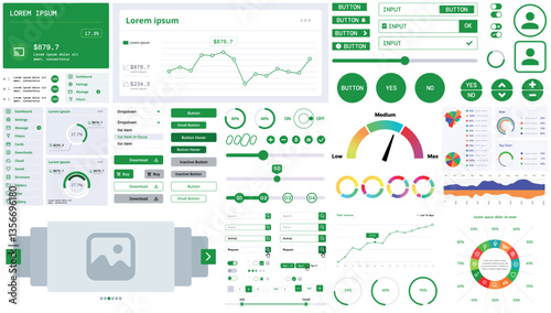 A modern interface kit with buttons, graphs, and elements for creating web applications and dashboards, ideal for business, statistics, and finance.
