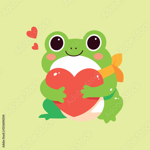 Kawaii frog holding a big red heart. Cute cartoon amphibian with a ribbon, spreading love and happiness. Perfect for Valentine's Day, stickers, and greeting cards. Vector illustration isolated.