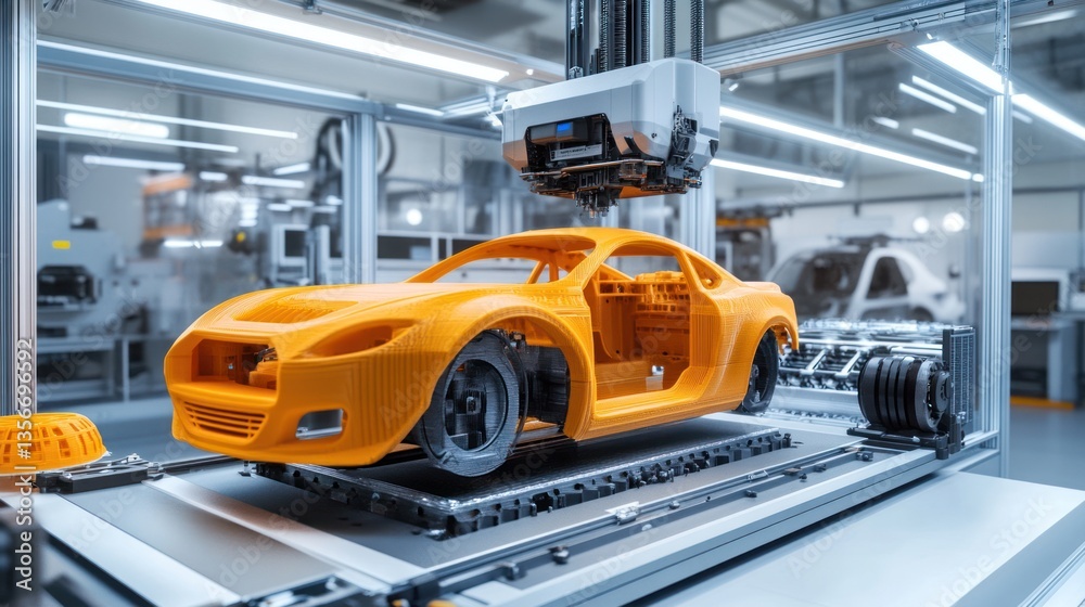 Fototapeta premium Robotic arm 3D printing an orange car chassis in a modern factory.