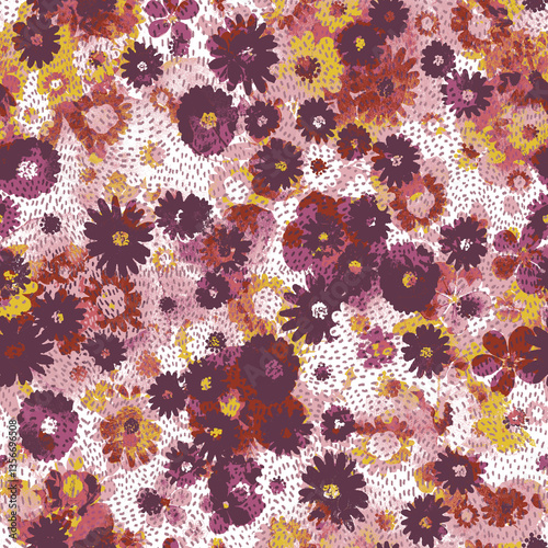 Seamless folk pattern in small wild flowers. Country style millefleurs. Floral meadow background for textile, wallpaper, pattern fills, covers, surface, print, gift wrap, scrapbooking, decoupage