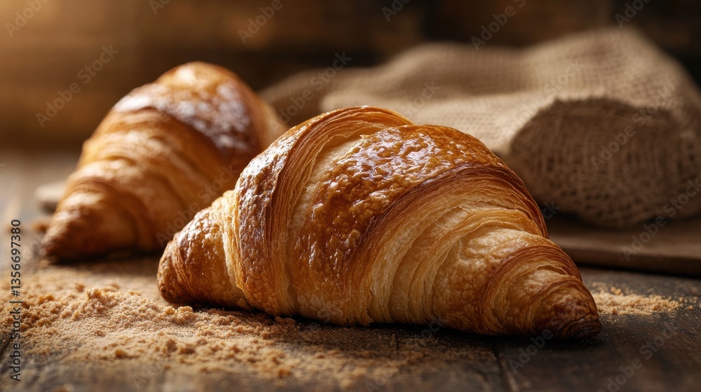 Freshly Baked Croissant on Wooden Table with Rustic Background Freshly Baked Croissant on Wooden Table with Rustic Background